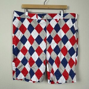Loudmouth‎ Golf Shorts 40 Argyle Red Blue Tan Print Resort Country Club